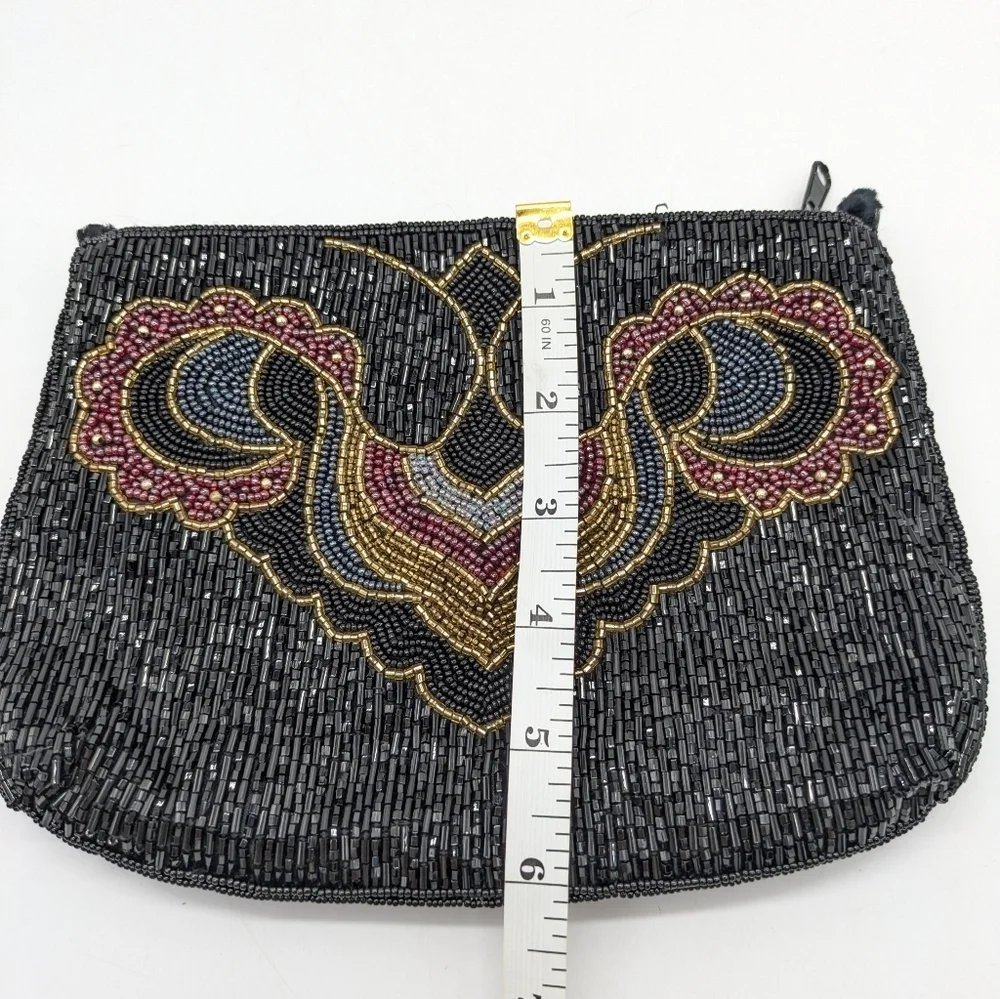 Vintage Small Fully Beaded Black Gold Red Zip Up Clutch Purse